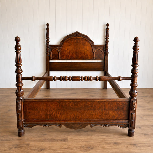 Antique Carved Wood Four Poster Full/Double Bed Frame