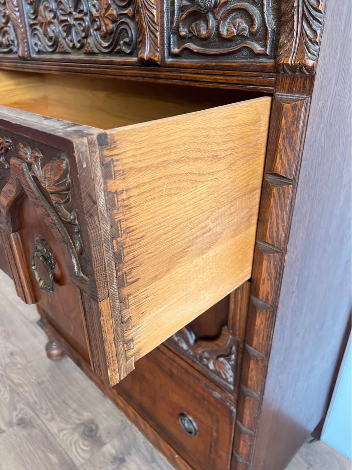 Vintage Jacobean Style Carved Oak Tallboy Chest of Drawers Dresser