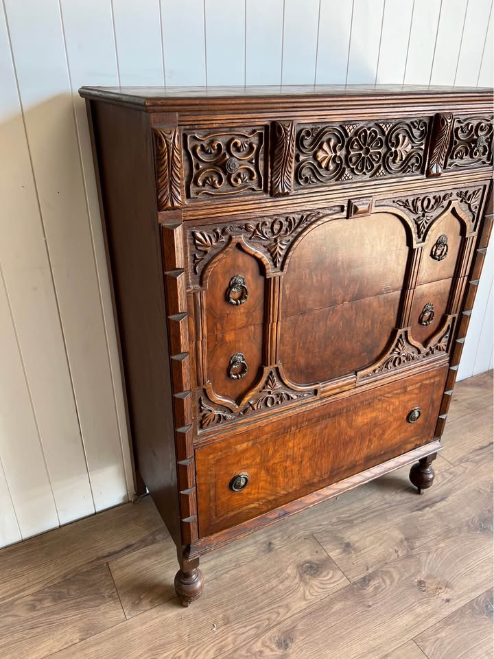 Vintage Jacobean Style Carved Oak Tallboy Chest of Drawers Dresser