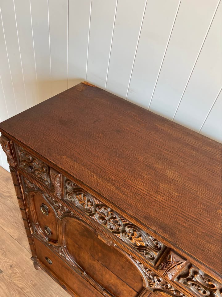 Vintage Jacobean Style Carved Oak Tallboy Chest of Drawers Dresser