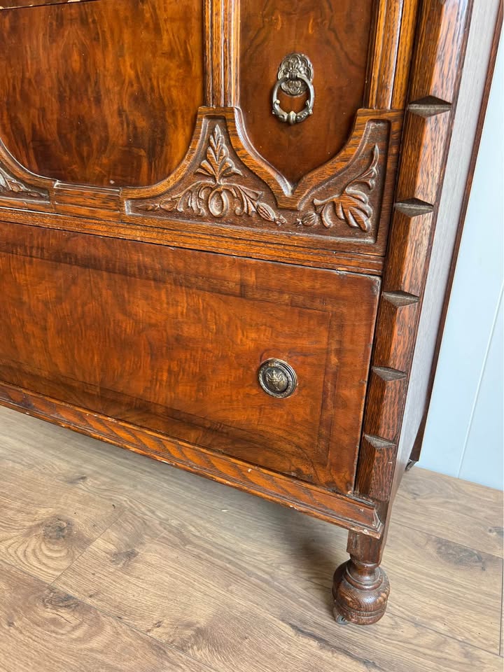 Vintage Jacobean Style Carved Oak Tallboy Chest of Drawers Dresser