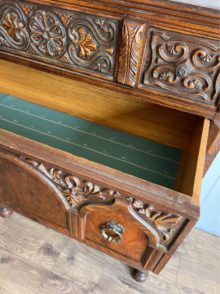 Vintage Jacobean Style Carved Oak Tallboy Chest of Drawers Dresser