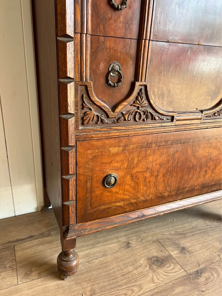 Vintage Jacobean Style Carved Oak Tallboy Chest of Drawers Dresser