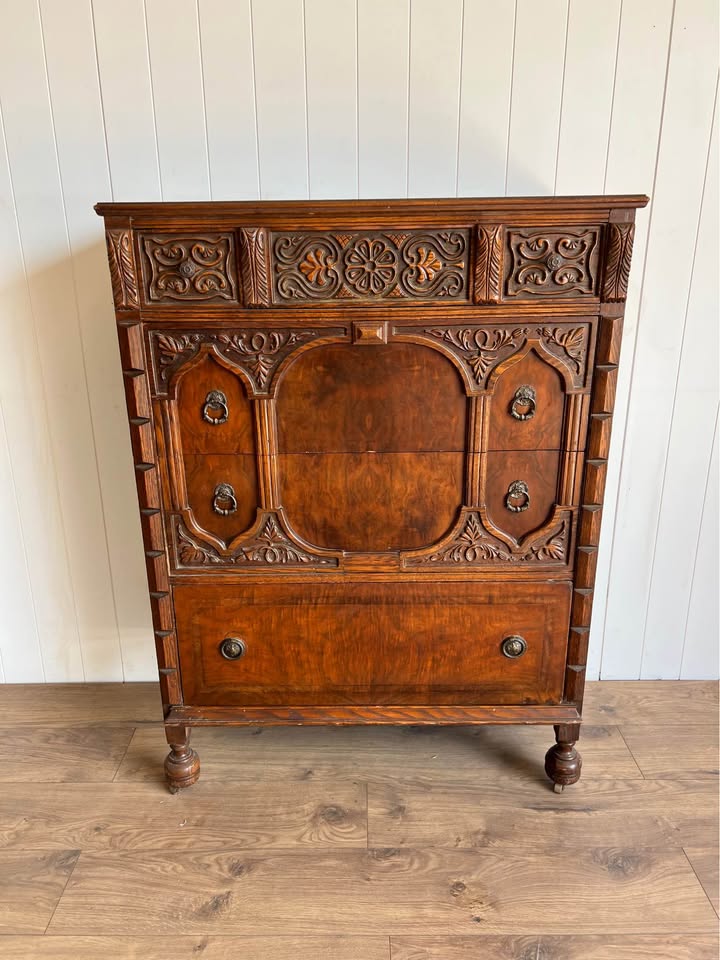 Vintage Jacobean Style Carved Oak Tallboy Chest of Drawers Dresser