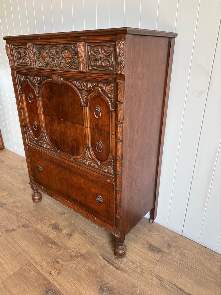 Vintage Jacobean Style Carved Oak Tallboy Chest of Drawers Dresser