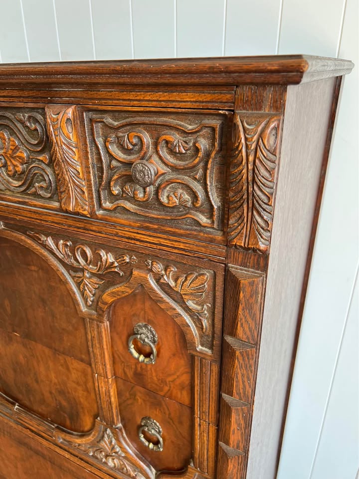 Vintage Jacobean Style Carved Oak Tallboy Chest of Drawers Dresser