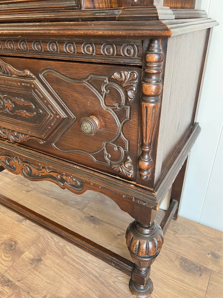 Vintage Carved Wood Hutch Cabinet Pantry Storage