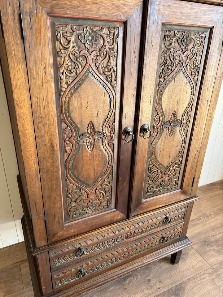 Hand-Carved Wooden Hutch Cabinet Armoire Pantry Storage