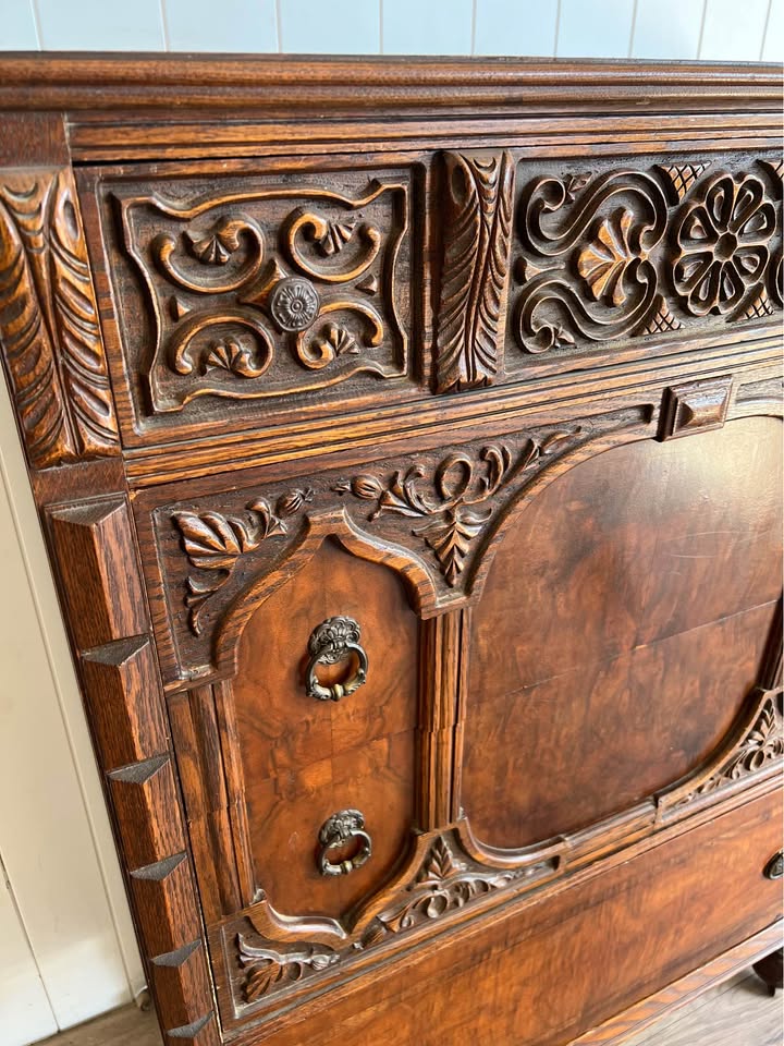 Vintage Jacobean Style Carved Oak Tallboy Chest of Drawers Dresser