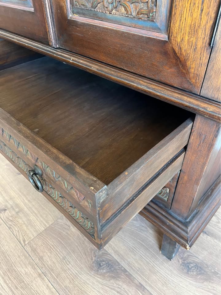 Hand-Carved Wooden Hutch Cabinet Armoire Pantry Storage