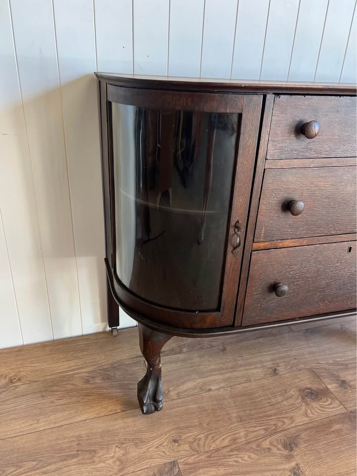 Antique Oak Sideboard with Curved Glass Cabinets and Claw Feet | Changing Table | TV Stand