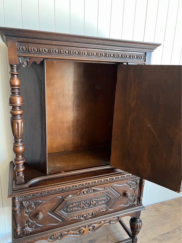 Vintage Carved Wood Hutch Cabinet Pantry Storage
