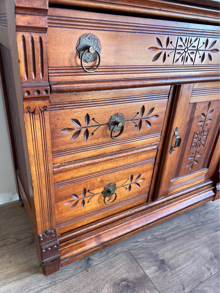 Antique Eastlake Carved Wood Washstand Sideboard Nightstand Entry Table