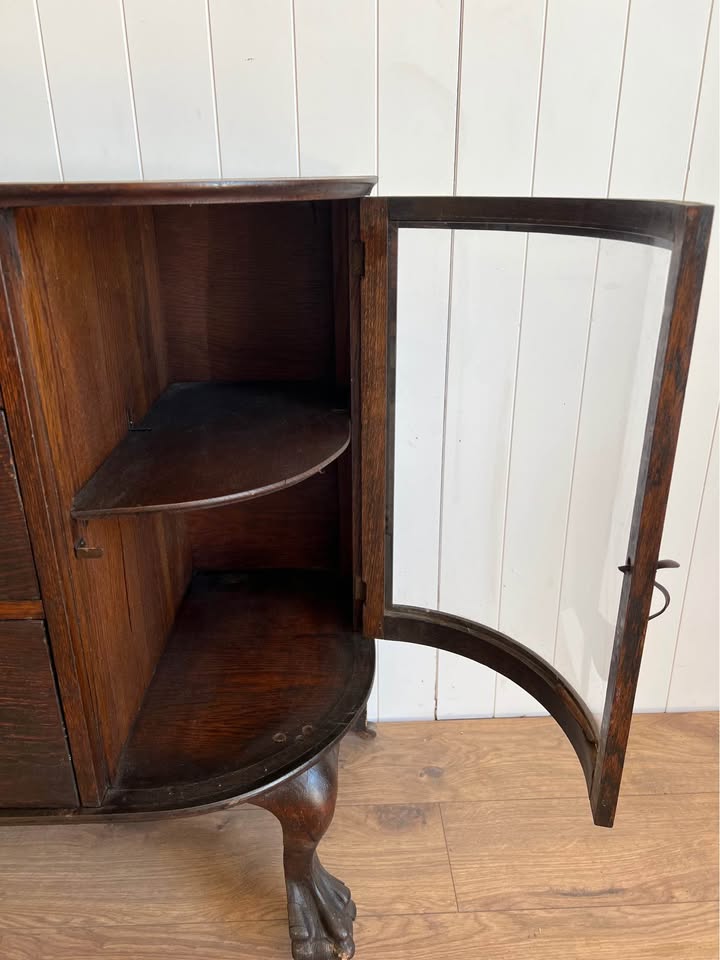 Antique Oak Sideboard with Curved Glass Cabinets and Claw Feet | Changing Table | TV Stand