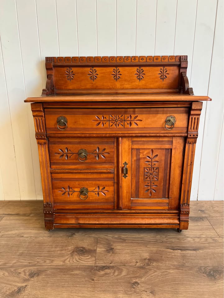 Antique Eastlake Carved Wood Washstand Sideboard Nightstand Entry Table