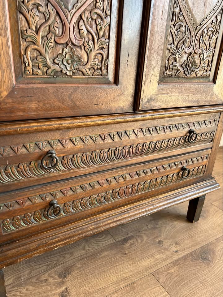 Hand-Carved Wooden Hutch Cabinet Armoire Pantry Storage