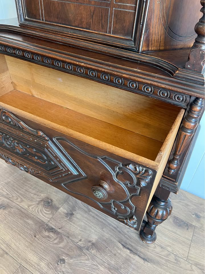 Vintage Carved Wood Hutch Cabinet Pantry Storage