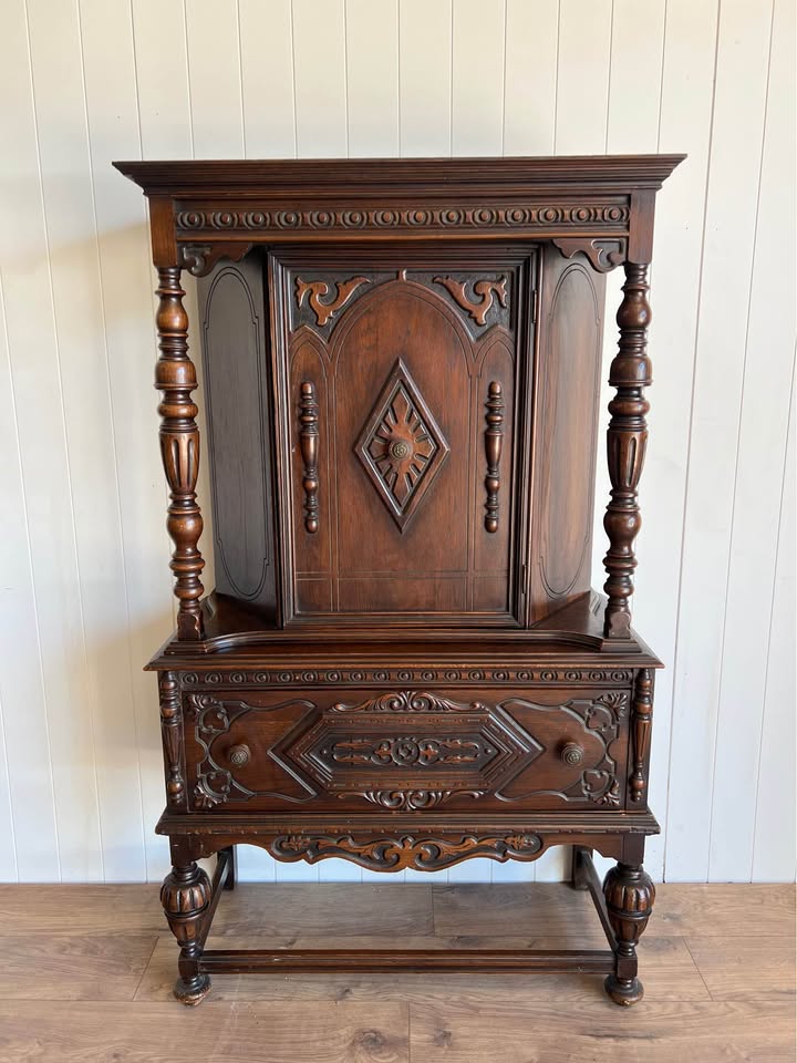 Vintage Carved Wood Hutch Cabinet Pantry Storage