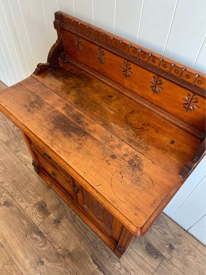 Antique Eastlake Carved Wood Washstand Sideboard Nightstand Entry Table