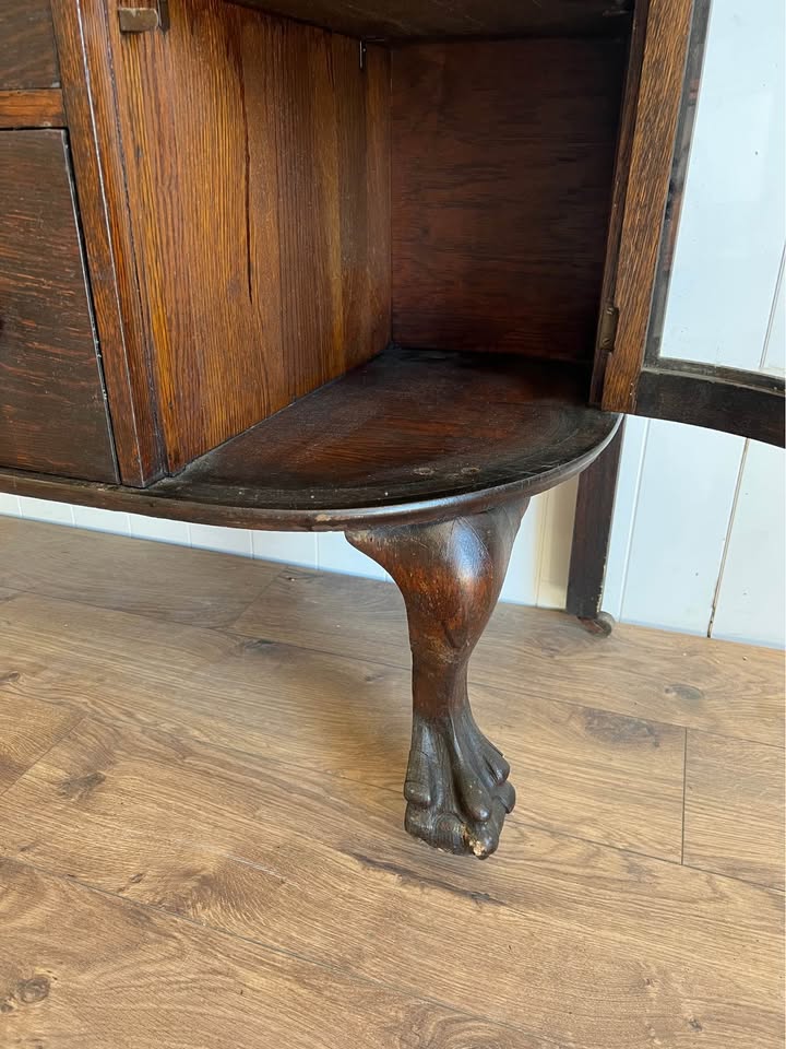 Antique Oak Sideboard with Curved Glass Cabinets and Claw Feet | Changing Table | TV Stand