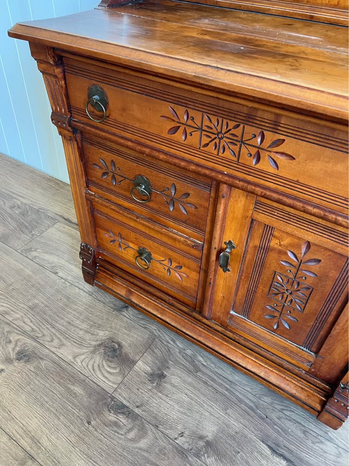 Antique Eastlake Carved Wood Washstand Sideboard Nightstand Entry Table