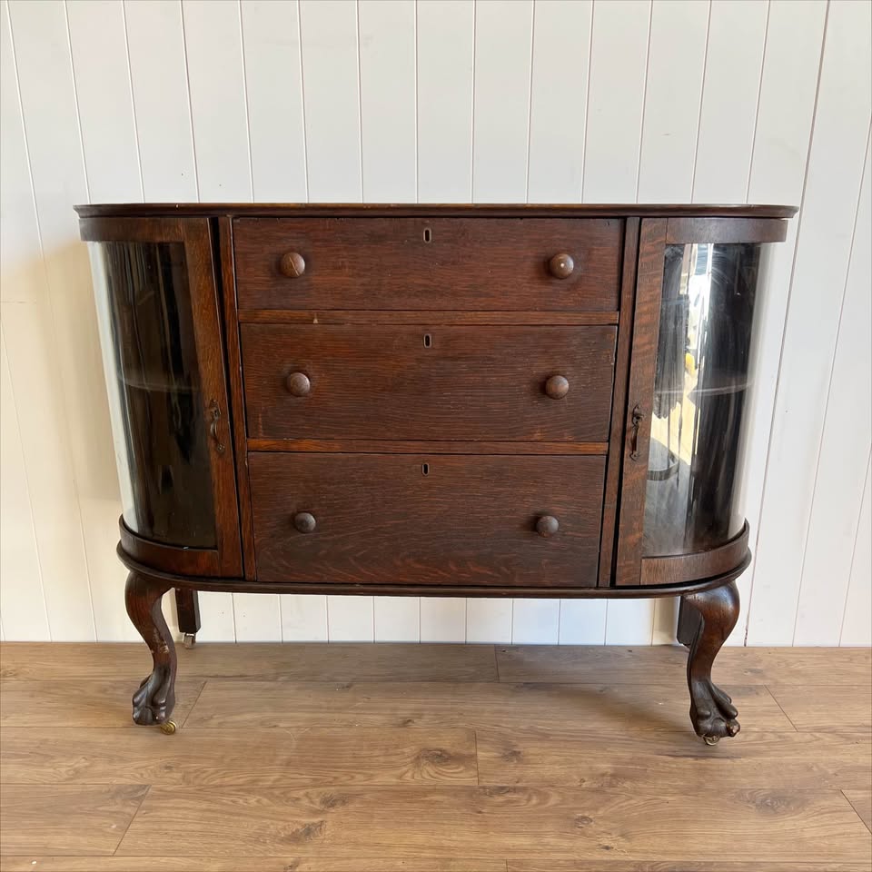 Antique Oak Sideboard with Curved Glass Cabinets and Claw Feet | Changing Table | TV Stand