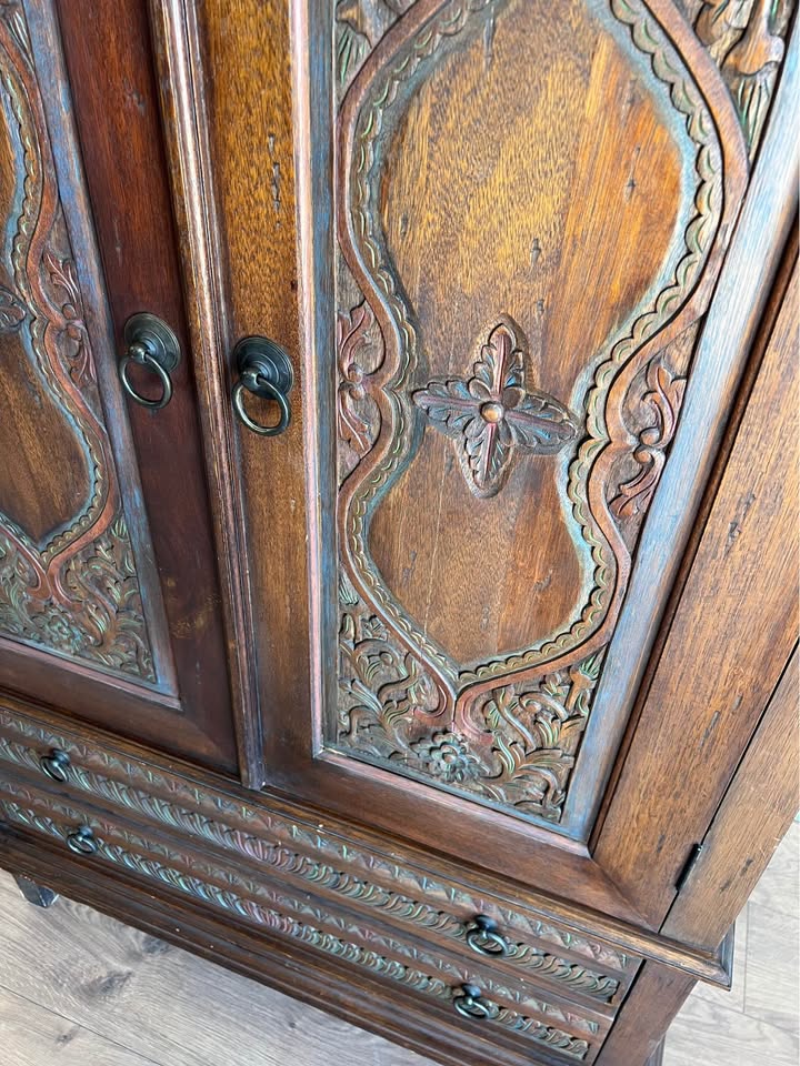 Hand-Carved Wooden Hutch Cabinet Armoire Pantry Storage