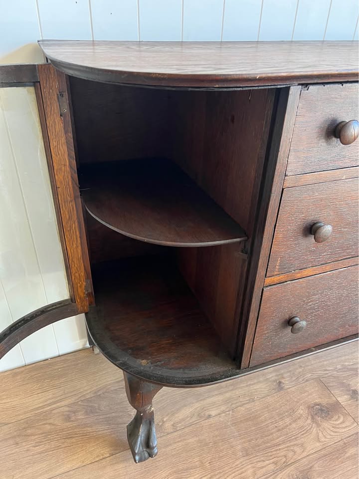 Antique Oak Sideboard with Curved Glass Cabinets and Claw Feet | Changing Table | TV Stand