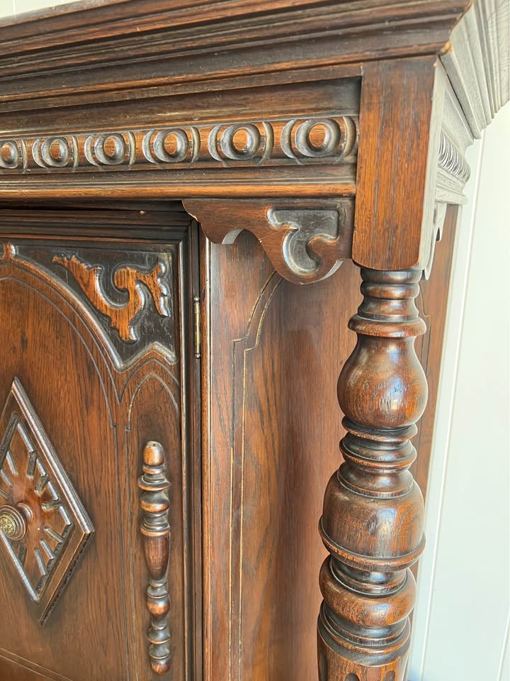 Vintage Carved Wood Hutch Cabinet Pantry Storage