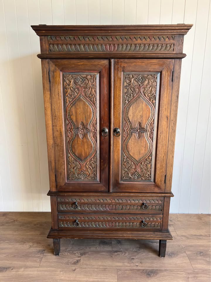 Hand-Carved Wooden Hutch Cabinet Armoire Pantry Storage