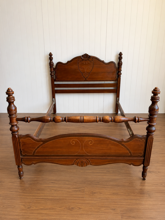 Vintage Wood Full/Double Bedframe with Turned Post Spindles | Farmhouse Cottagecore